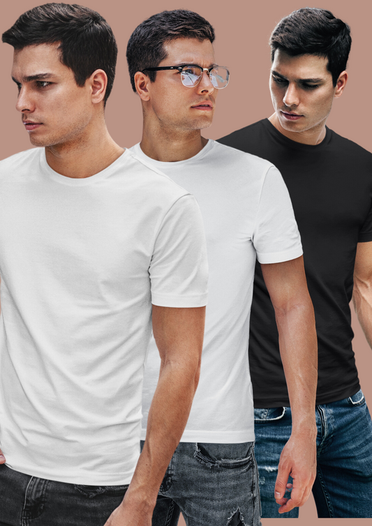 100% Compacted Combed Cotton White, White, Black 3 T-shirts
